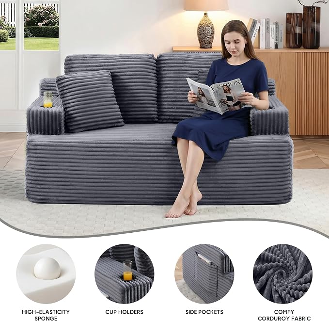 66.5'' Boneless Sofa Couch with Cup Holders & Side Pockets, Modern Corduroy Fabric Upholstered Loveseat Couch with 2 Throw Pillows for Living Room Office, No Assembly (Grey)