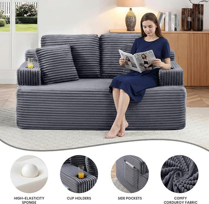 66.5'' Boneless Sofa Couch with Cup Holders & Side Pockets, Modern Corduroy Fabric Upholstered Loveseat Couch with 2 Throw Pillows for Living Room Office, No Assembly (Grey)