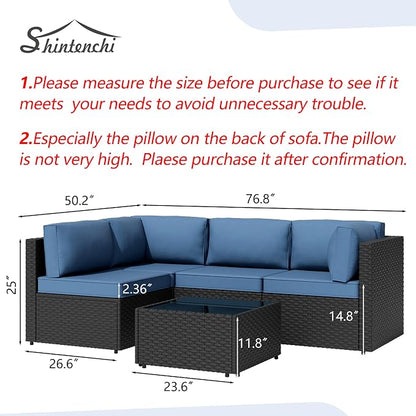Patio Furniture Sets, 5 Piece Outdoor Sectional Sofas, Wicker Rattan Outdoor Furniture Patio Conversation Set, All-Weather PE Rattan Outdoor Couch for Backyard, Garden, Black & Aegean Blue
