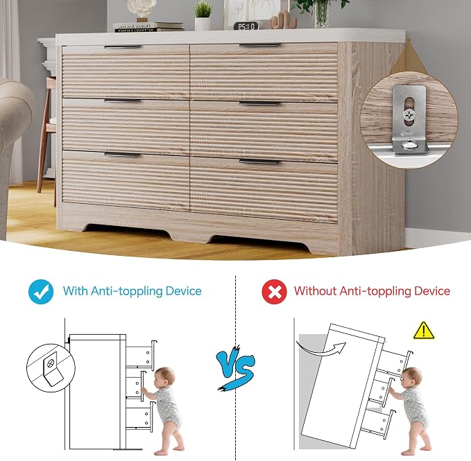 FUSUNBAO Fluted 6 Drawer Dresser, Modern Wood Dresser for Bedroom,TV Stand,Thickened Curved Profile Design,Bedroom,Entryway,Wood Drawer Organizer(Natural Oak)