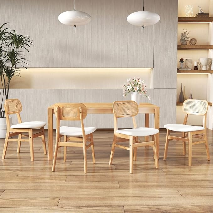 ROCITY Rattan Dining Chairs Set of 4 White Lambswool Dining Room Chairs Natural Wooden Kitchen Chairs Farmhouse