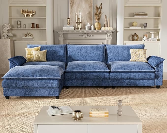 Homall 119" Modular Sectional Sofa, L Shaped Sofa Couch with Reversible Ottoman, DIY Combination Chenille Deep 3-Seat Cloud Couch for Living Room, Apartment (Dark Blue, L Shaped Sofa)