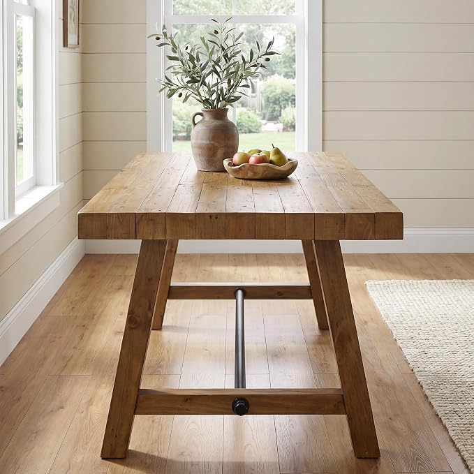 chairus 59" Reclaimed Wood Rectangular Farmhouse Dining Table | 59"L x 35.5"W x 30"H Standard Dining Height Tabletop, Seats 4-6, Reinforced A-Frame Legs with Black Metal Support Bar