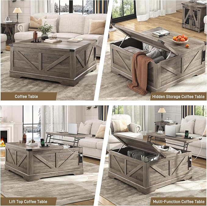 Hlivelood 40” Large Farmhouse Lift Top Coffee Table with Power Outlets and Large Hidden Storage, Square Wood Living Room Tables, Multi-Function Lift Wooden Barn Door Center Table, Grey