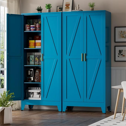 Metal Kitchen Pantry Cabinet,71" Tall Blue Pantry Cabinet with 2 Doors and 4 Adjustable Shelves, Farmhouse Storage Freestanding Cupboard for Kitchen,Home Office Living Room,Dining Room