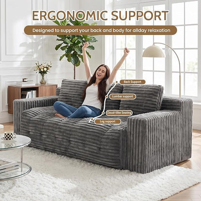 70” Boneless Couch, 3 Seater Sofa Couch with Extra Deep Seats 3 Pillows,Corduroy Modern Small Couch for Living Room, Office, Bedroom, Apartment,Grey