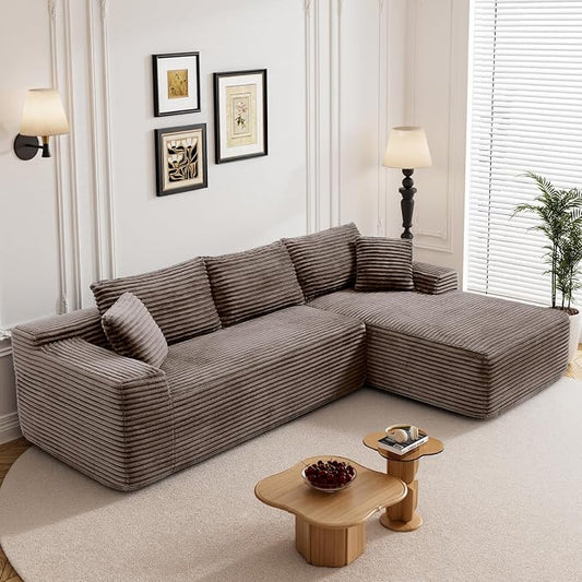 95" L Shaped Boneless Sectional Couches, Wide Armrest, Deep Seat, Memory Foam, Assembly Free, Modern Comfy Corduroy Fluffy Cloud Sofa with Right Chaise for Living Room, Small Spaces, Brown