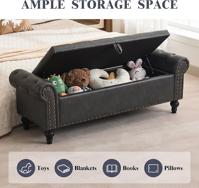 55" Storage Bench for Bedroom, Upholstered Ottoman Bench, Leather DarkGray | End of Bed Bench for Bedroom, Window Benches for Living Room, Entryway, Ottoman with Large Storage Space, Pet Friendly