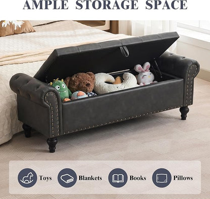 55" Storage Bench for Bedroom, Upholstered Ottoman Bench, Leather DarkGray | End of Bed Bench for Bedroom, Window Benches for Living Room, Entryway, Ottoman with Large Storage Space, Pet Friendly