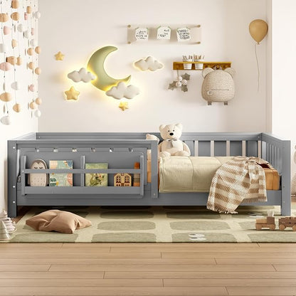 Bellemave Twin Size Montessori Floor Bed with Rails and Slats, Twin Size Floor Bed with Bookshelf and Fence, Low Profile Montessori Beds Frame for Girls, Boys, White