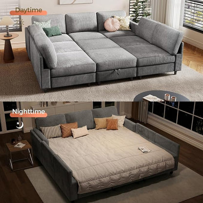 KKL Modular Sectional Sofa Bed - Sofabed with Storage Ottoman, Convertible L/U-Shaped Sleeper Couch for Living Room, Modern Reversible Design, Grey