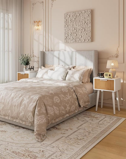 YMYNY Narrow Fluted Nightstand Set of 2, Small End Table, Modern Coffee Table with Drawer, Solid Wood Legs, Retaining Chain, for Bedroom and Small Spaces, White and Natural UHST014WN-2