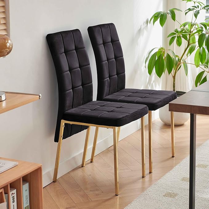 NORDICANA Upholstered Velvet Dining Chairs Classic Kitchen High Back Dinette Chairs Set of 4, Featured Dovetail Tufted Side Chairs, Golden Color Metal Legs, Black