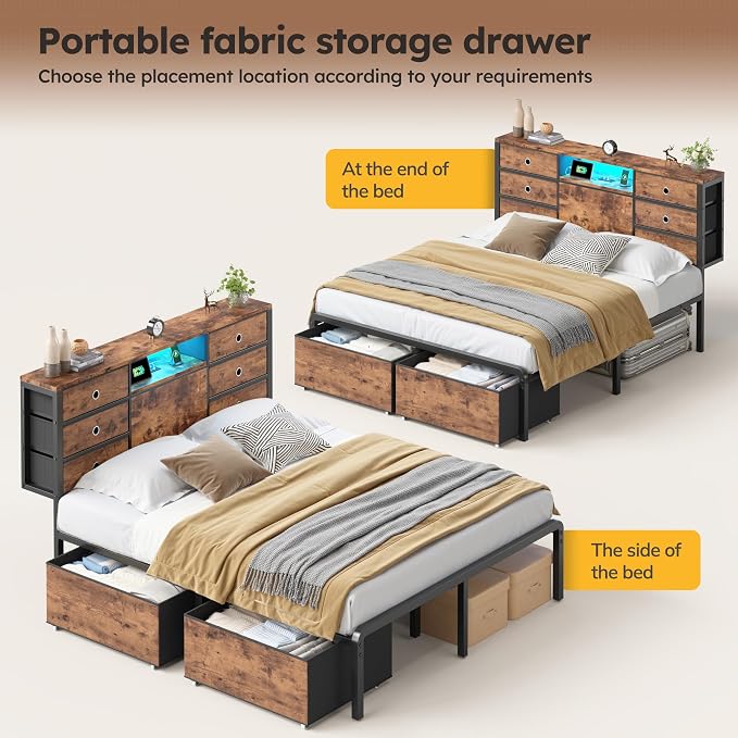 Homkdom Queen Size Bed Frame with 8 Fabric Drawers Storage, LED Lights & Charging Station, and Headboard Storage,Offering Noise-Free Support and Easy Assembly for Bedroom,Modern Brown