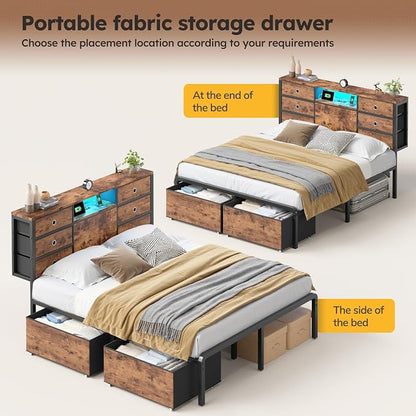 Homkdom Queen Size Bed Frame with 8 Fabric Drawers Storage, LED Lights & Charging Station, and Headboard Storage,Offering Noise-Free Support and Easy Assembly for Bedroom,Modern Brown
