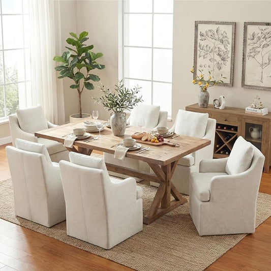 VKNOW Upholstered Dining Chairs Set of 6, Modern Kitchen Chairs Dinner Chairs with 4 Casters, Chenille Armchair for Bedroom Reading Room Living Room, Beige
