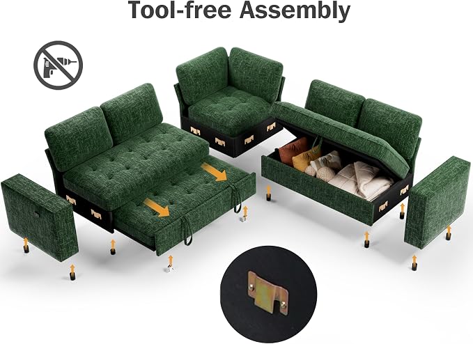 Vipbear 5 Seat L Shaped Modular Sectional Sleeper Sofa Bed with Pull Out Bed/Reclining Backrest/USB Ports/Storage Seat, Sectional Sleeper Couch, Tool-Free Assembly, Chenille Green
