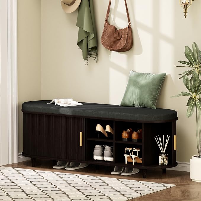 DHH 2-Tier Storage Bench,Wide Shoe Bench with Thickened Padded Seat Cushion, Mid Century Modern Fluted Sliding Door and Adjustable Shelf, for Entryway, Living Room, Bedroom (Dark Walnut, 51.2”)