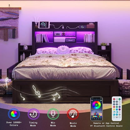 LUXOAK Full Bed Frame with 49.6" Bookcase Headboard & 2 Bedside Stoage Racks & 4 Drawers, Farmhouse Wood Bed Frame with RGB LED & Charging Station, No Box Spring Needed, Black