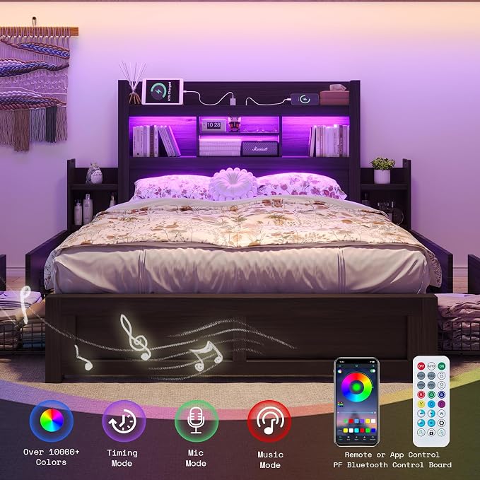 LUXOAK Queen Bed Frame with 49.6" Bookcase Headboard & 2 Bedside Stoage Racks & 4 Drawers, Farmhouse Wood Bed Frame with RGB LED & Charging Station, No Box Spring Needed, Black