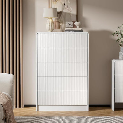 Furniway 3 Piece Bedroom Dresser Set, 5 Drawer Dresser with 2 Nightstands, Fluted Chest of Drawers with Pop-Up Design, Modern Storage Furniture for Bedroom, Living Room, Entryway, White