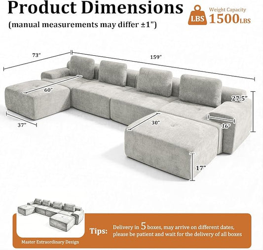 159" U-Shaped Modular Sectional Sofa, Oversized Boneless Cloud Couch for Living Room with Extra Deep Seat & High Back, Tool-Free No Assembly, Soft Chenille (Light Grey, 159 inch-U Shaped（4+2）)
