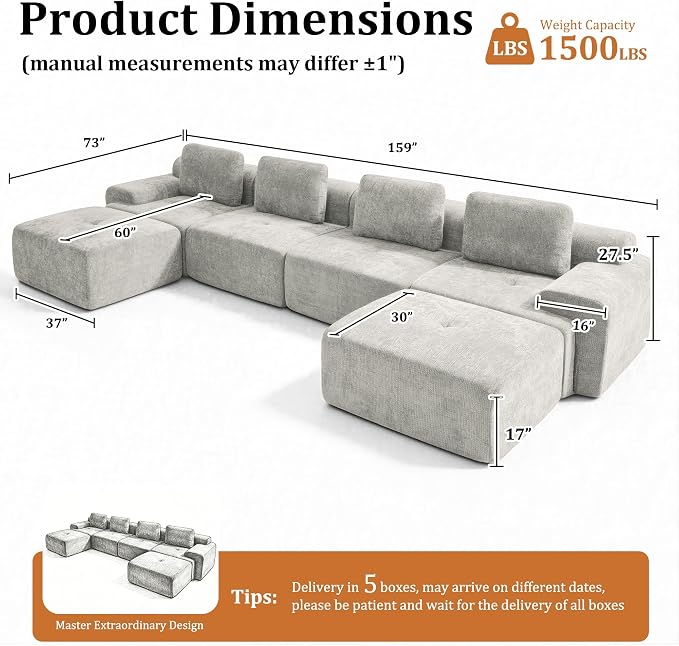 159" U Shaped Oversized Boneless Couch, Comfort Cloud Sectional Couches for Living Room, Modular Sofa High Back & Extra Deep Seat, No Assembly, Soft Chenille(Light Grey, 159 inch-U shaped（4+2）)