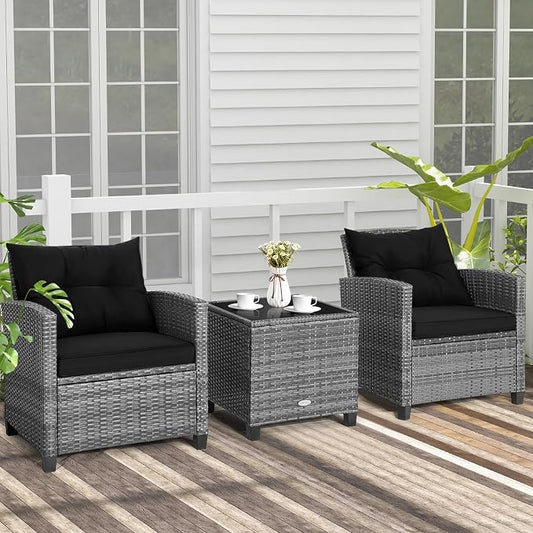 COSTWAY 3PCS Patio Furniture Set, PE Rattan Wicker Sofa w/Washable Cushion and Coffee Table, Tempered Glass Tabletop, Outdoor Conversation Set for Balcony, Porch, Yard, Backyard, Lawn, Black