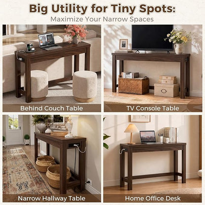 Cyclysio 47" Console Table with Charging Station, 13.8" Deep Farmhouse Sofa Table Behind Couch with 2 AC Outlets & 3 USB Ports, Entryway TV Console or Compact Home Office Desk, Black Walnut