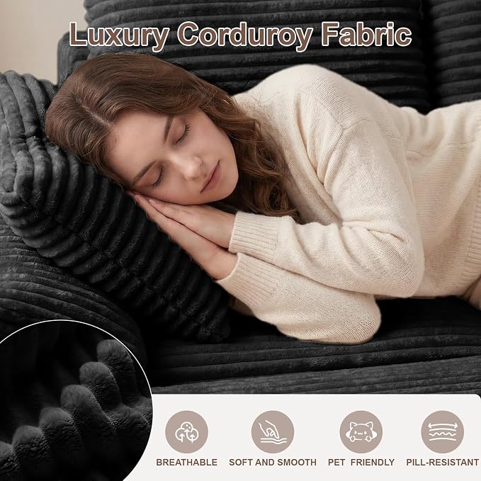 71" Modular Loveseat Sofa with Storage, 2-Seater Boneless Couch with Ottoman, 48" Deep Seat Corduroy Cloud Couch for Small Spaces Apartment, Tool-Free Assembly, Black