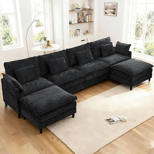 150.6" Chenille Modular Sectional Sofa, Convertible U Shaped Modular Sofa Comfy Cloud Couch with Ottoman, Side Pockets and 6 Throw Pillows for Living Room Black, 6 Seats