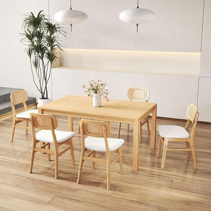 ROCITY Rattan Dining Chairs Set of 4 Beige Linen Fabric Dining Room Chairs Natural Wooden Kitchen Chairs Farmhouse Boho