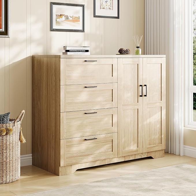 GarveeHome Multifunctional Wooden Dresser for Bedroom, 43.3 in H 2 Door Wardrobe Armoire Closet with 4 Drawers and Hanging Rod, Low Storage Cabinet for Hanging Cloth, Natural Oak