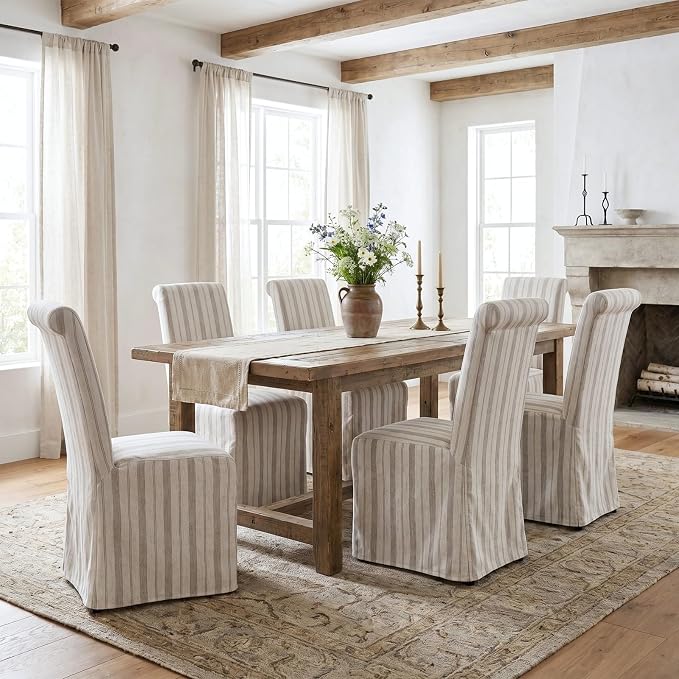 chairus Slipcovered Parsons Dining Chairs Set of 2, Upholstered Dining Room Chairs with Removable Linen Cover & High Back, Modern Farmhouse Wooden Side Kitchen Chairs, Khaki Stripe