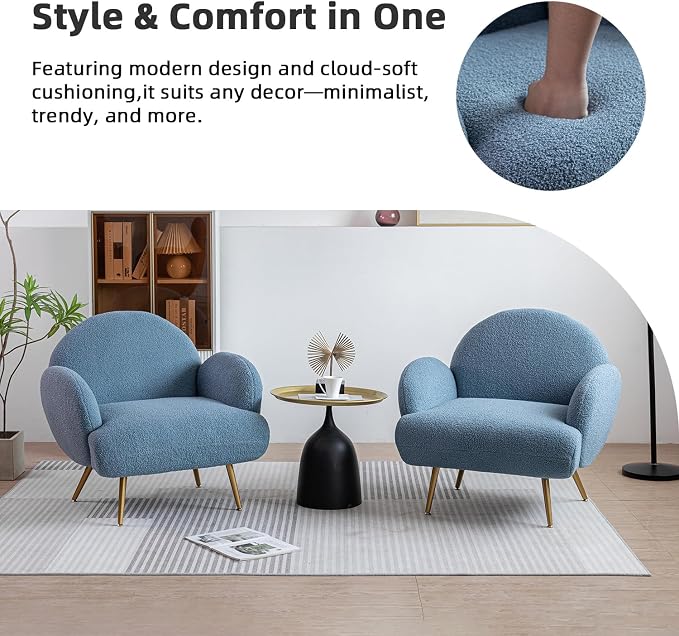 Blue Accent Sherpa Chair Comfy Modern Living Room Chair Teddy Fabric Mid Century Bedroom Chair with Golden Legs Arm Chair for Reading Bedroom Single