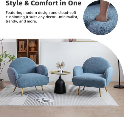 Blue Accent Sherpa Chair Comfy Modern Living Room Chair Teddy Fabric Mid Century Bedroom Chair with Golden Legs Arm Chair for Reading Bedroom Single