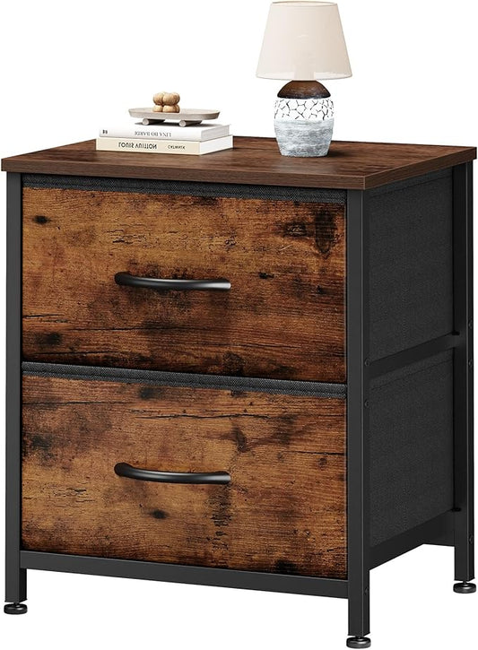 Sweetcrispy Nightstand with 2 Storage Drawers, Small Bedside Table, Brown | 20" Height End Table, Wooden Top Fabric Cabinet for Bedroom, Furniture, Closet, College Dorm