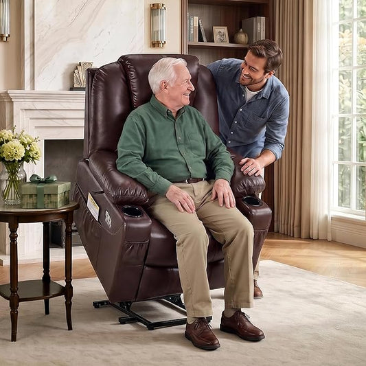 MCombo Electric Power Lift Recliner Chair Sofa with Massage and Heat for Elderly, 3 Positions, 2 Side Pockets, and Cup Holders, USB Ports, Faux Leather 7040 (Dark Brown, Medium)