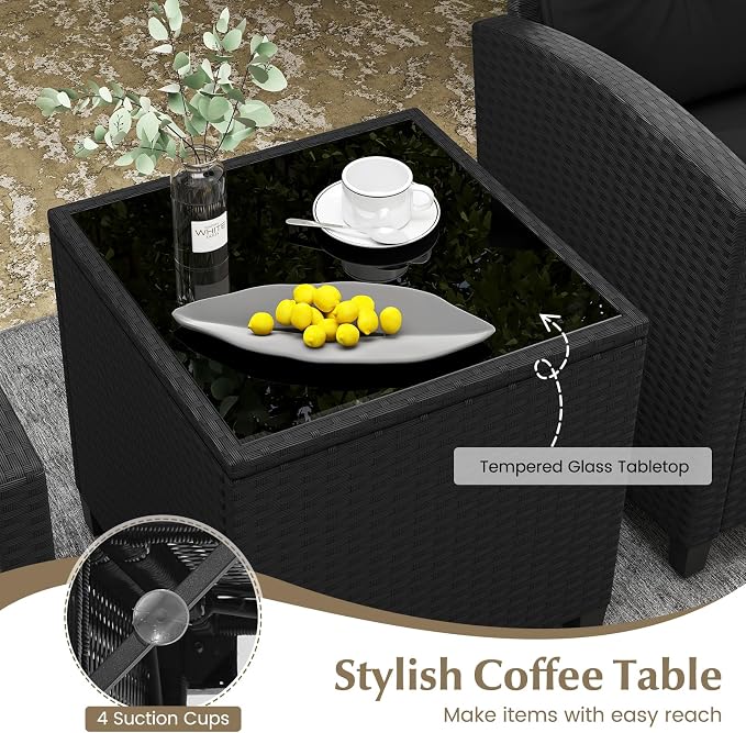 Tangkula 3 Piece Patio Furniture Set, Rattan Conversation Set w/Soft Seat & Back Cushions, Tempered Glass Topped Coffee Table, Cushioned Wicker Seating Set for Backyard, Porch, Poolside (Black)