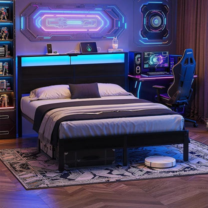 Queen Size Bed Frame with LED Lights, USB Type C Charging Headboard, Black Metal Platform Bed with Storage Shelf, Noise Free Design, No Box Spring Needed