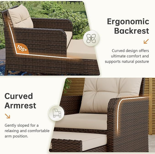 LHBcraft Balcony Furniture 5 Piece Patio Furniture Set, PE Rattan Patio Chairs Conversation Set with Soft Cushions 2 Ottoman & Table for Porch, Lawn, Garden, Beige
