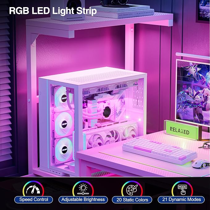 Grandder Gaming Desk 47 Inch with CPU Stand and LED Light, Computer Desk with Reversible Shelves and Storage Drawer, Pc Small Desk for Home Office Table with Bag, Pink