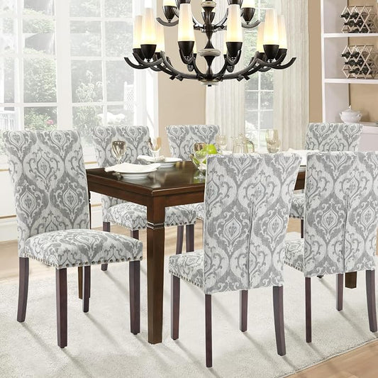 Parsons Dining Chairs Set of 6, Upholstered Nailhead Dining Room Kitchen Side Chair with Thick Cushions and Wood Legs, White/Grey