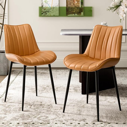 VECELO Dining Chairs Set of 2, Vegan Leather Fabric & Metal Frame, Mordern Style for Kitchen, Living Room,Offcie, Brown