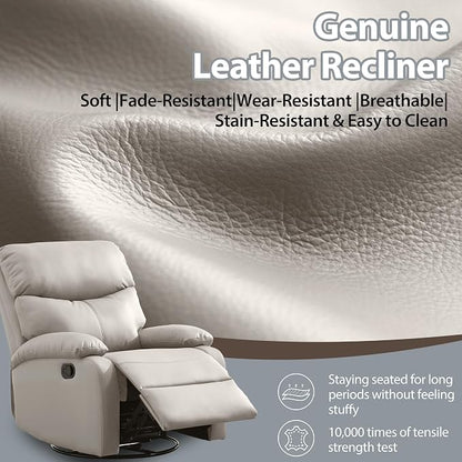 Genuine Leather Rocker Recliner Modern Manual Swivel Glider Recliner with Adjustable Backrest & Footrest Wall Hugger Swivel Rocking Recliner Chair for Modern Living Room and RV Beige