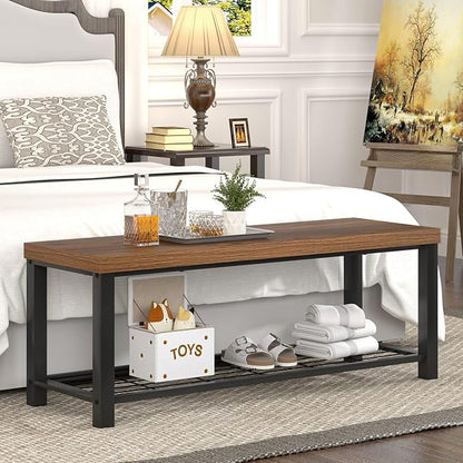 FOLUBAN Modern Entryway Bench - Rustic Wood and Metal Shoe Storage for Hallway Front Door Entrance, Industrial Indoor Seat for Bedroom Living Room, 43 Inch Walnut