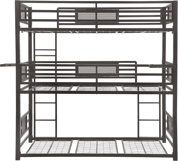 Coaster Home Furnishings Rogen Rustic Metal Twin Over Twin Over Twin Size Triple Bunk Bed Frame with Ladder and Guardrails Fully Slatted Mattress Ready Foundation Dark Bronze 460394T