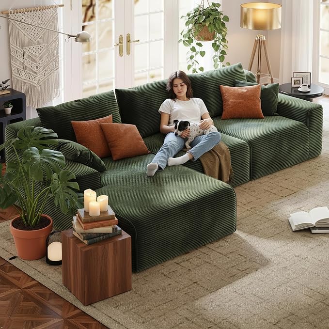 Homkdom 98" Boneless Couches for Living Room, L-Shape Modular Sectional Sofa with Deep Seat Oversized Left Facing Chaise, Cloud Couch for Apartment, Small Space (Green)