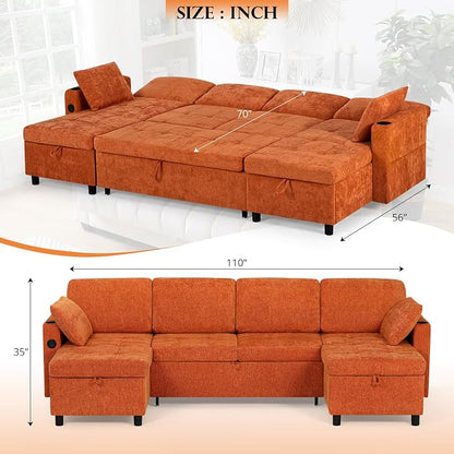 110 Inch Sleeper Sofa Bed w/7 Angles Adjustable Backrests, Chenille sectional Sofa Bed w/USB Port, Convertible U-Shaped Couch Bed w/Storage Chaise & Thicker Cushions for Living Room, Orange