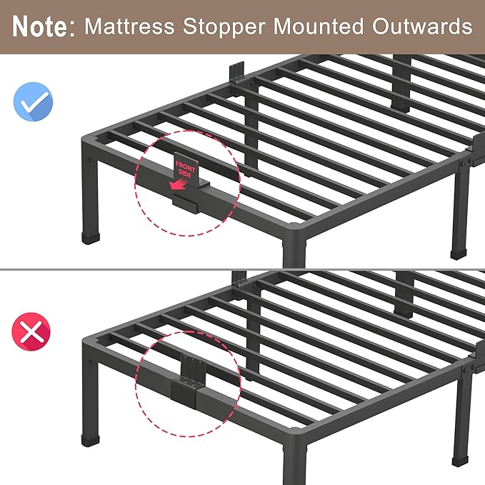 ROIL 16 Inch Full Bed Frame with Rounded Corner and Headboard Hole Mattress Retainers 3500LBS Metal Heavy Duty Steel Slats No Box Spring Needed Platform Noise-Free Easy Assembly